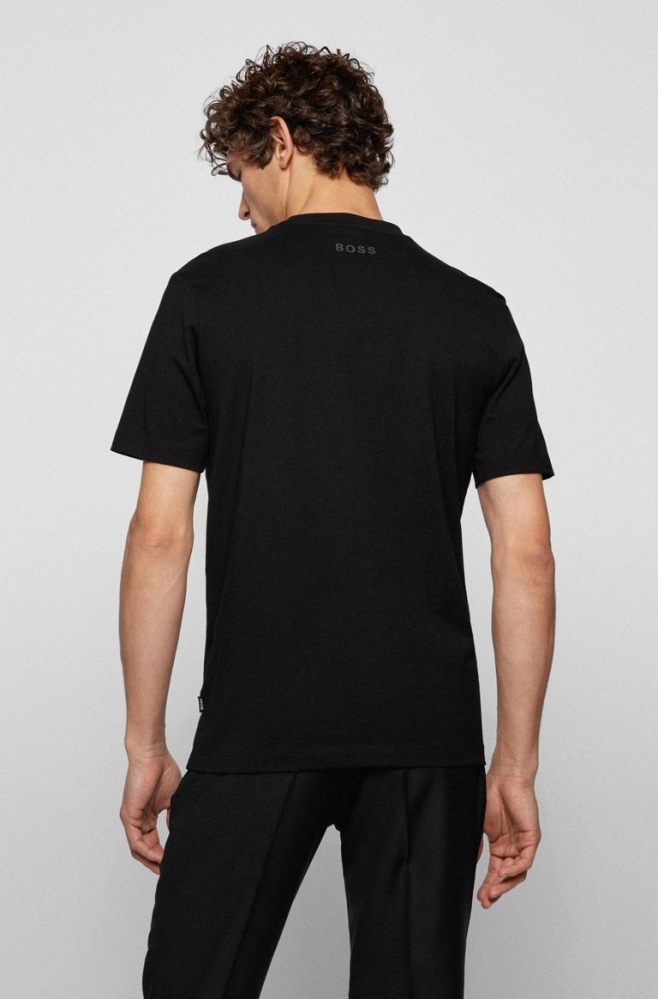 Black HUGO BOSS Crew-neck Cotton Chest Print Men's T Shirts | 2406GDAVY