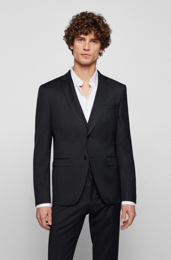 Black HUGO BOSS Extra-slim-fit Patterned Stretch Wool Men's Suits | 0786OGFBY