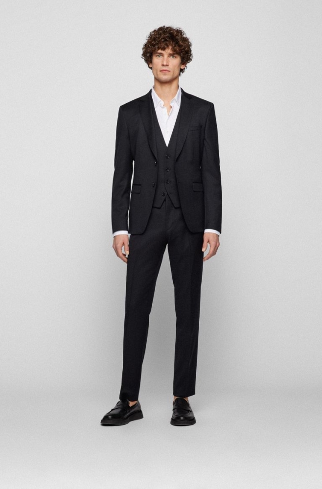Black HUGO BOSS Extra-slim-fit Patterned Stretch Wool Men\'s Suits | 0786OGFBY