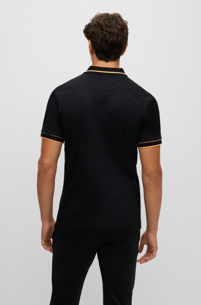 Black HUGO BOSS Interlock-cotton Slim-fit Logo Embroidery Men's Polo Shirts | 9064TOVSC