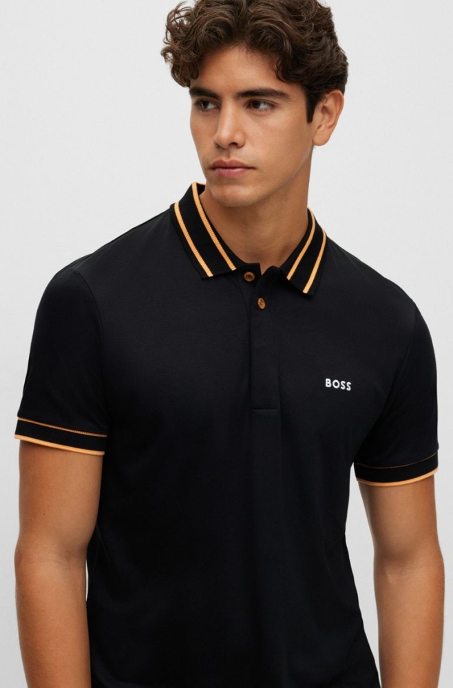 Black HUGO BOSS Interlock-cotton Slim-fit Logo Embroidery Men\'s Polo Shirts | 9064TOVSC