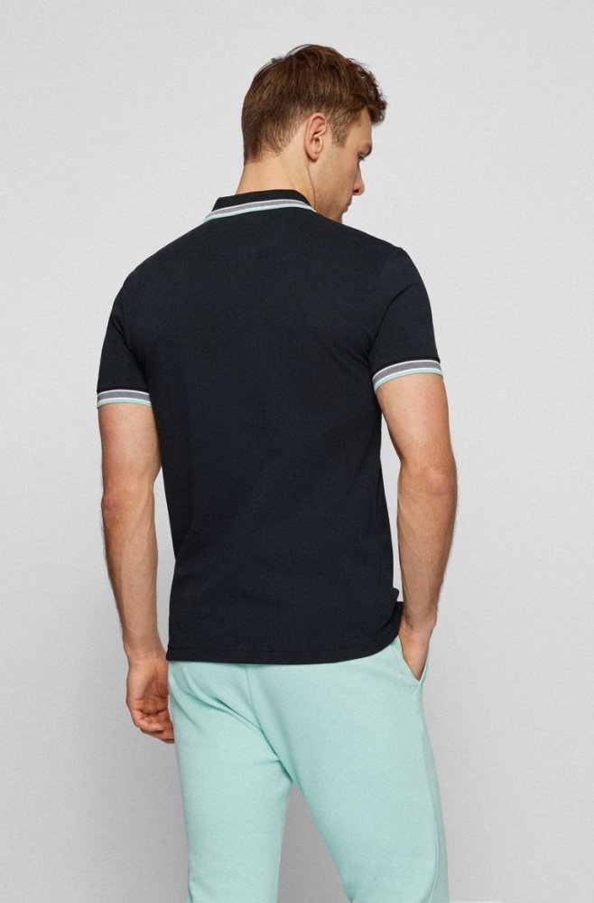 Black HUGO BOSS Organic-cotton Curved Logo Men's Polo Shirts | 4869JBFOL
