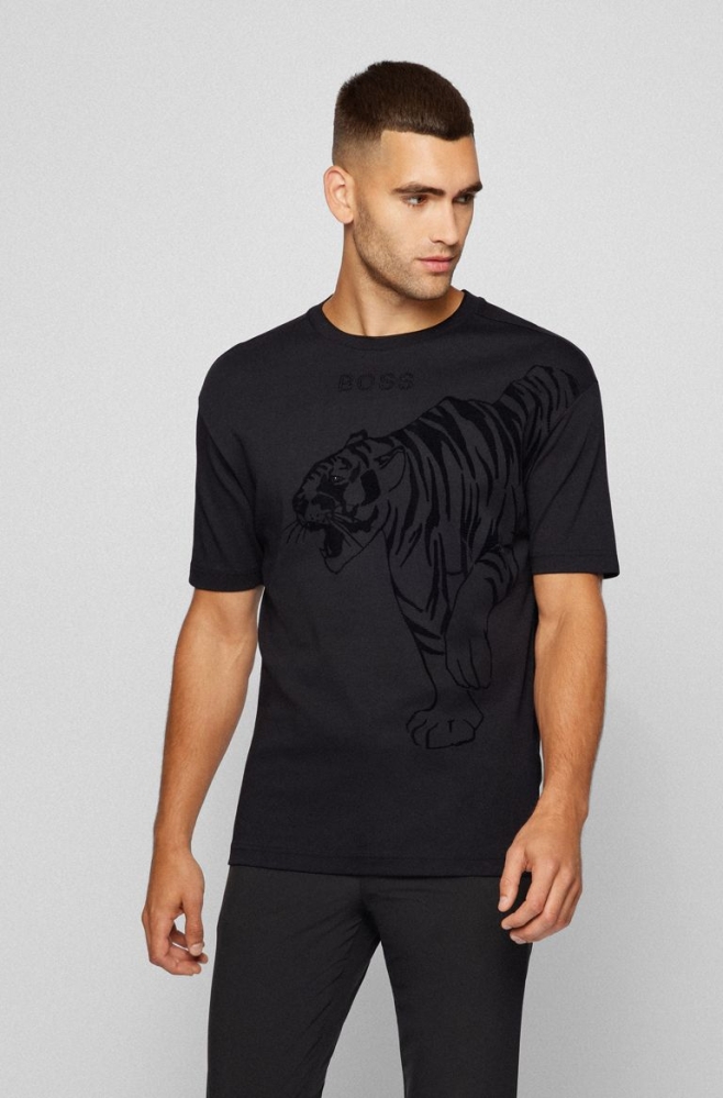 Black HUGO BOSS Organic-cotton Tiger Graphic Rhinestone Logo Men\'s T Shirts | 0473FVLBI