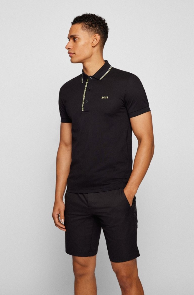 Black HUGO BOSS Slim-fit Branded Men\'s Polo Shirts | 0587KRJOT