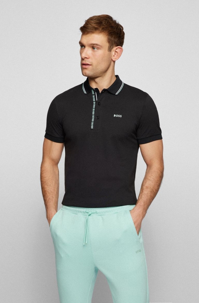 Black HUGO BOSS Slim-fit Branded Men\'s Polo Shirts | 2108XTRAU