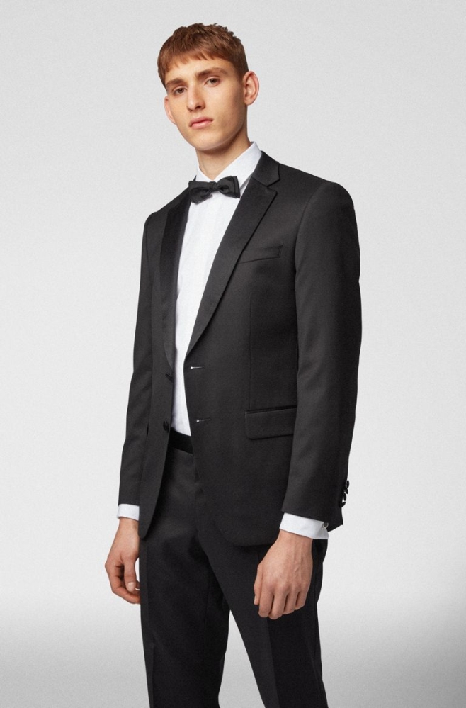 Black HUGO BOSS Slim-fit Tuxedo Virgin Wool Silk Trims Men's Suits | 4560WTMBO