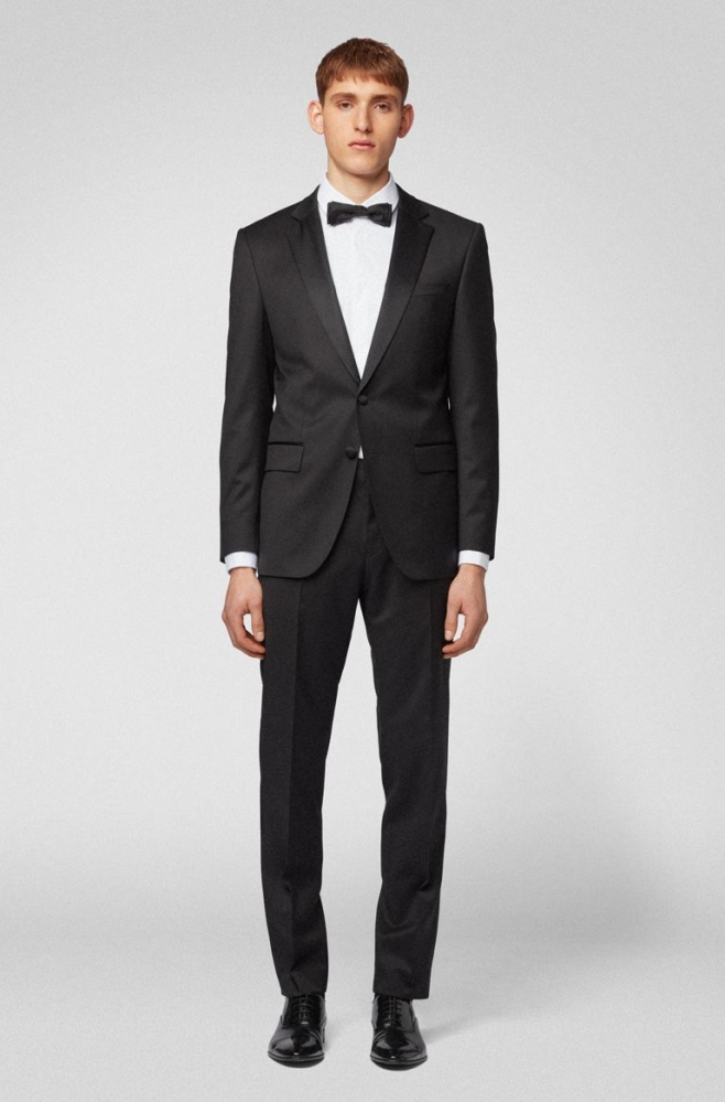 Black HUGO BOSS Slim-fit Tuxedo Virgin Wool Silk Trims Men\'s Suits | 4560WTMBO