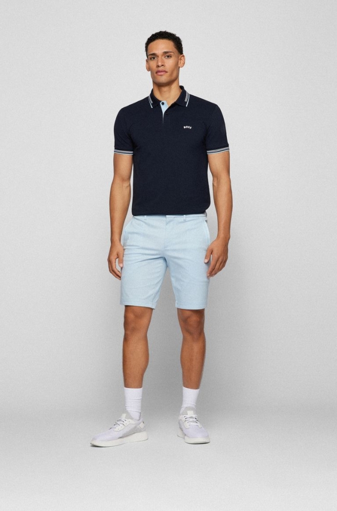 Dark Blue HUGO BOSS Curved-logo Slim-fit Stretch-cotton Piqu Men's Polo Shirts | 2396GJYDQ