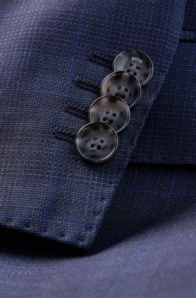 Dark Blue HUGO BOSS Slim-fit Checkered Virgin Wool Men's Suits | 0792BSFMT