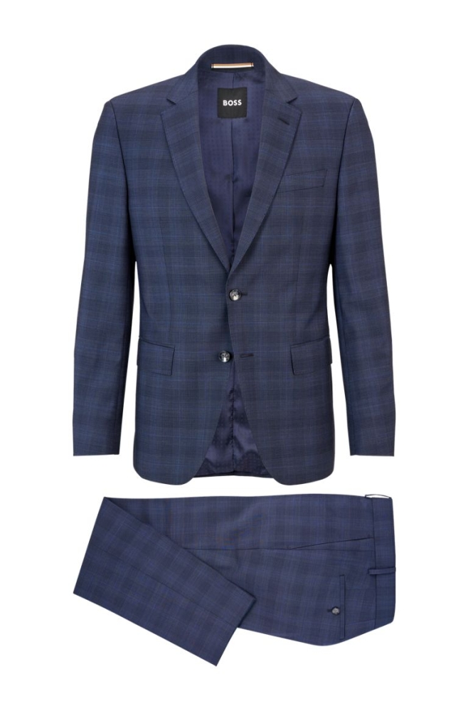 Dark Blue HUGO BOSS Slim-fit Checkered Virgin Wool Men's Suits | 0792BSFMT