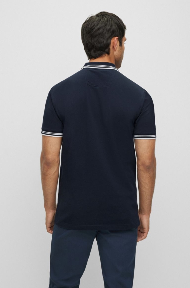 Dark Blue HUGO BOSS Stretch-cotton Slim-fit Curved Logo Men's Polo Shirts | 5407KVBGH