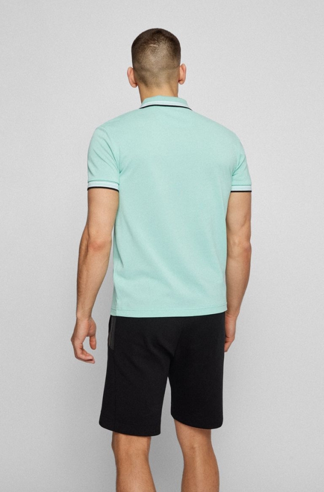 Light Green HUGO BOSS Organic-cotton Curved Logo Men's Polo Shirts | 5126RWSON