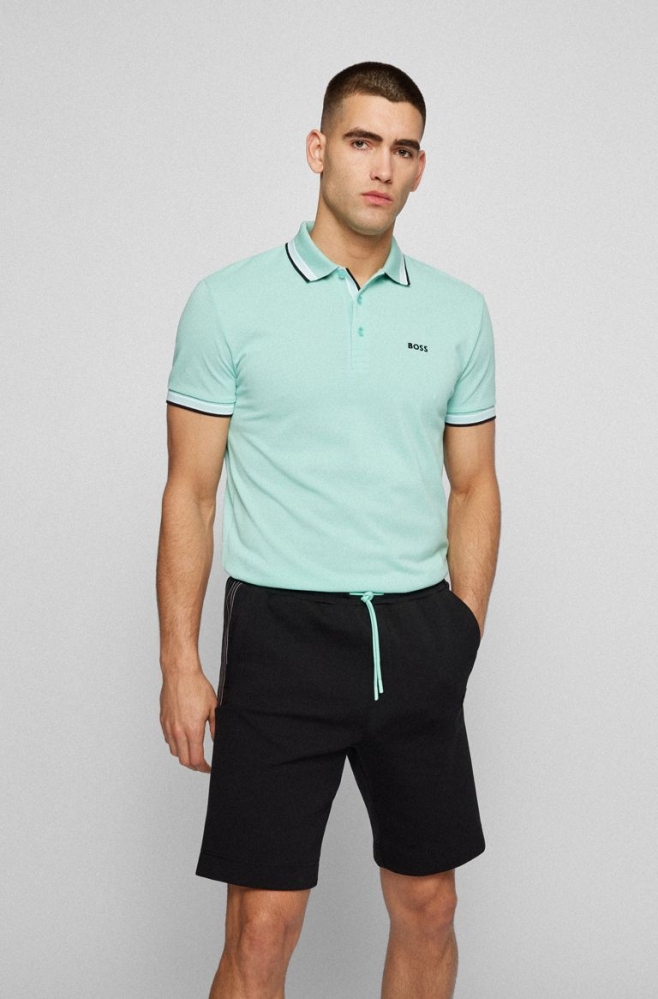 Light Green HUGO BOSS Organic-cotton Curved Logo Men\'s Polo Shirts | 5126RWSON