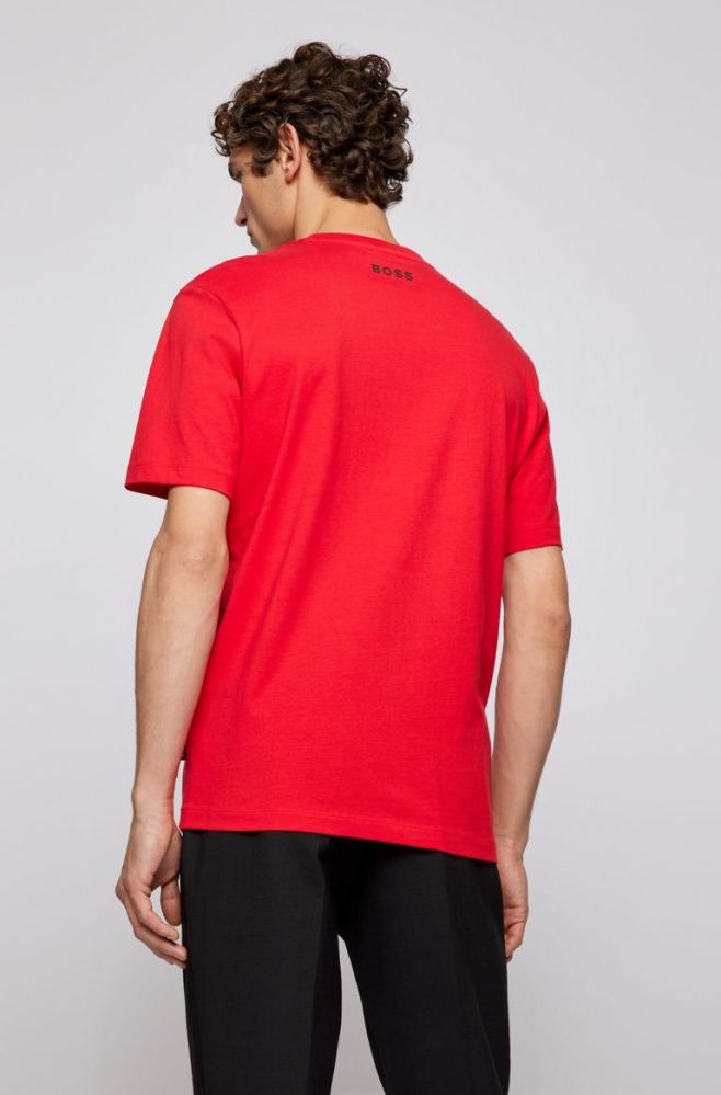 Light Red HUGO BOSS Crew-neck Cotton Chest Print Men's T Shirts | 9621WAHQE