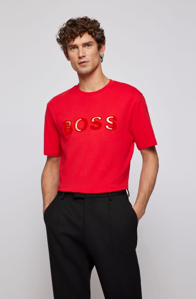 Light Red HUGO BOSS Crew-neck Cotton Chest Print Men\'s T Shirts | 9621WAHQE