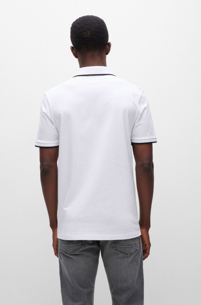 White HUGO BOSS Stretch-cotton Slim-fit Logo Patch Men's Polo Shirts | 1026WEVZK